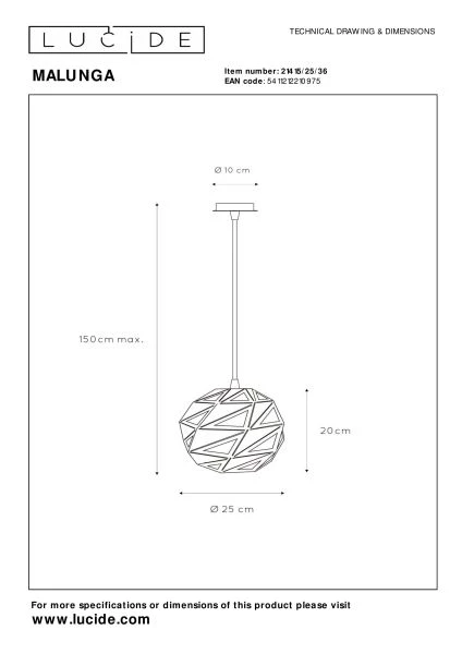 Lucide MALUNGA - Pendant light - Ø 25 cm - 1xE27 - Grey - technical